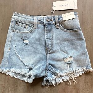 Nature Light Blue High Rise Frayed Denim Shorts